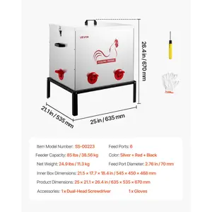 VEVOR Automatic Chicken Feeder, 85 lbs Capacity, 6 Feeding Ports No-Waste Poultry Feeder with Built-In Divider, with Latch Handle, Metal Construction, for Chickens Bantams Pheasants Poultry Coop