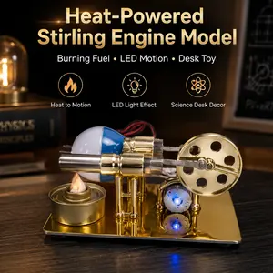 Heat‑Powered Stirling Engine Model with Burning Fuel & LED Motion Desk Toy
