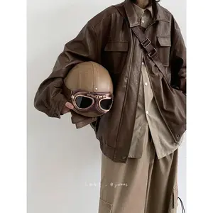 2025 Japanese retro and cool PU motorcycle leather jacket, loose neutral brown leather jacket Womenswear Coats flight  jacket Tops Outerwear Long Sleeve Style Unisex Fashiongift5