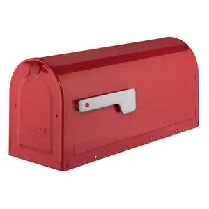 212 MAIN MB1 Post Mount Architectural Mailbox - Medium, Red, Galvanized Steel, Powder-Coated, Silver Flag