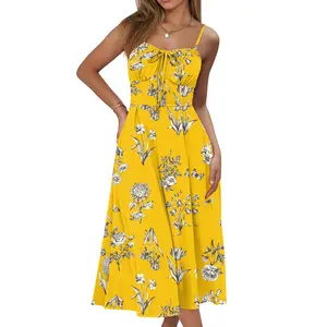 Women Summer Floral Corset Midi Sundress Casual Spaghetti Strap Beach Vacation Wedding Guest Milkmaid Dress Pockets