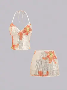 Sweetro 2pcs/Set Sequin Spaghetti Strap Crop Top And Bodycon Shiny Mini Skirt Outfit, Fashionable And Eye-Catching, New Arrival Early Spring Sweet Subculture Style For Ladies