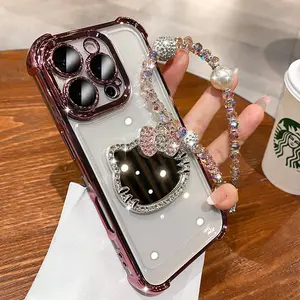 3D Kitty Mirror Electroplate Shockproof Phone Case for Samsung Galaxy A07 A17 A55 A35 A15 A05 A24 A54 A14 A13 A52 With Bracelet