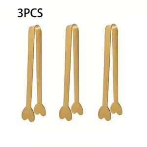 3pcs Luxury Golden Mini Heart-Shaped Sugar Tongs - for Appetizers/Snacks/Candies/Cheese, Durable Ice Tongs, Cute Tea Party Serving Tongs, Exquisite Valentine's Day Gift, Kitchen Utensil Tongs