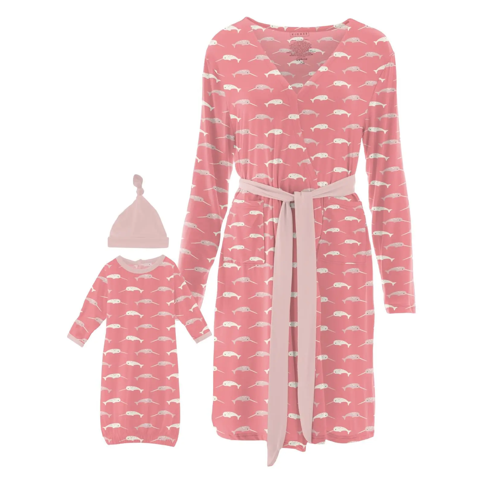 Women's Print Mid Length Lounge Robe & Layette Gown Set in Strawberry Narwhal