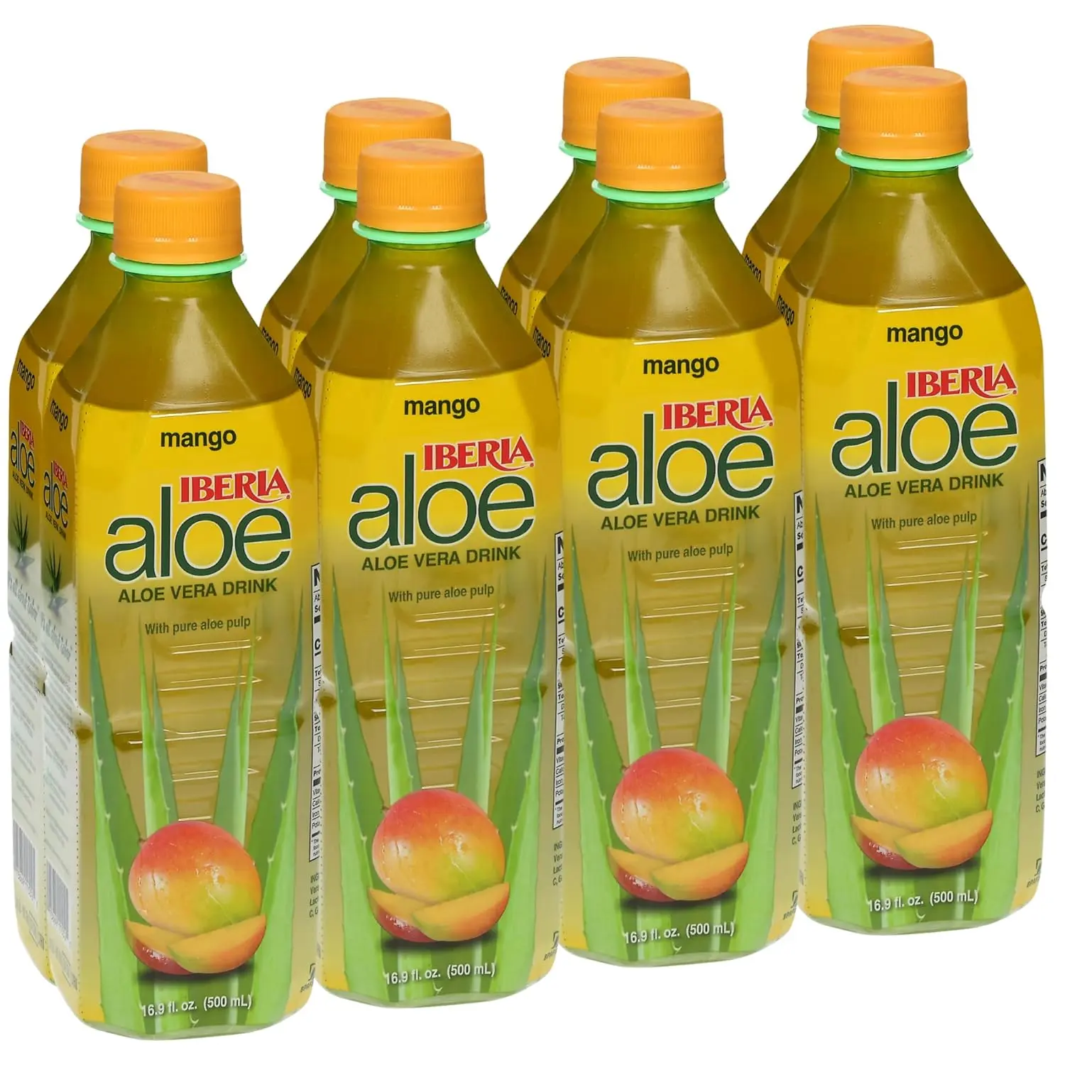 Iberia Aloe Vera Juice Drink with Real Aloe Vera Pulp, Mango Flavor Beverage, 16.9 Fl Oz Bottles, Pack of 8, Refreshing Tropical Drink