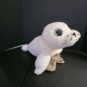 Crochet Handmade Seal White and Cream Colored with Green Eyes Adorable Plush