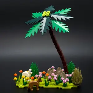 Botanical Tropical Palm Tree Building Set with Animal Figures Micro Landscape Island Diorama Desk Decor Artificial Plant Flowers Office Home Ornament Creative DIY Assembly Model Holiday Birthday Gift for Adults Teens Stress Relief Bookshelf Display