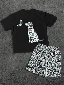 "Dog & Moon Camo" Graphic T-Shirt and Shorts Set | Casual Streetwear Two-Piece Outfit