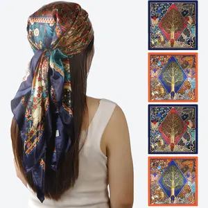 Twicebeauty 4Pcs Silk Feeling Head Scarves for Women Satin Hair Scarf 35 Inch Large Square Bandana Silk Like Neck Scarf Shawl