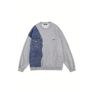 Men's Denim Patchwork Print Sweatshirt, Loose Casual Fashion Long Sleeve Crew Neck Pullover for Daily Wear, Men's All Seasons Clothes