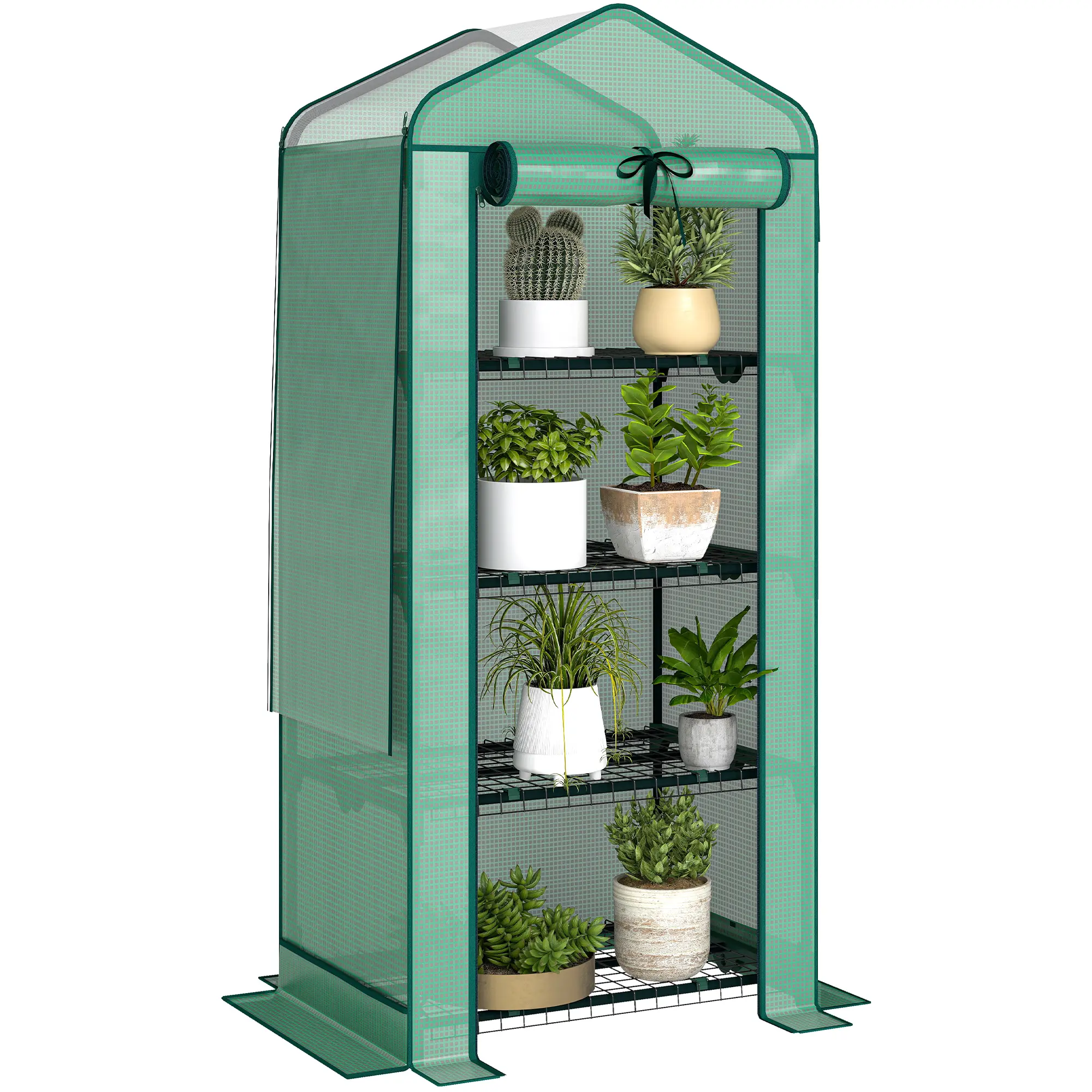 Outsunny 4 Tier Mini Greenhouse with Screen Roof, 27.6" x 19.7" x 62.2", Portable Small Greenhouse with High Strength PE Cover, Roll-Up Zipper Door for Garden Yard Backyard, Green
