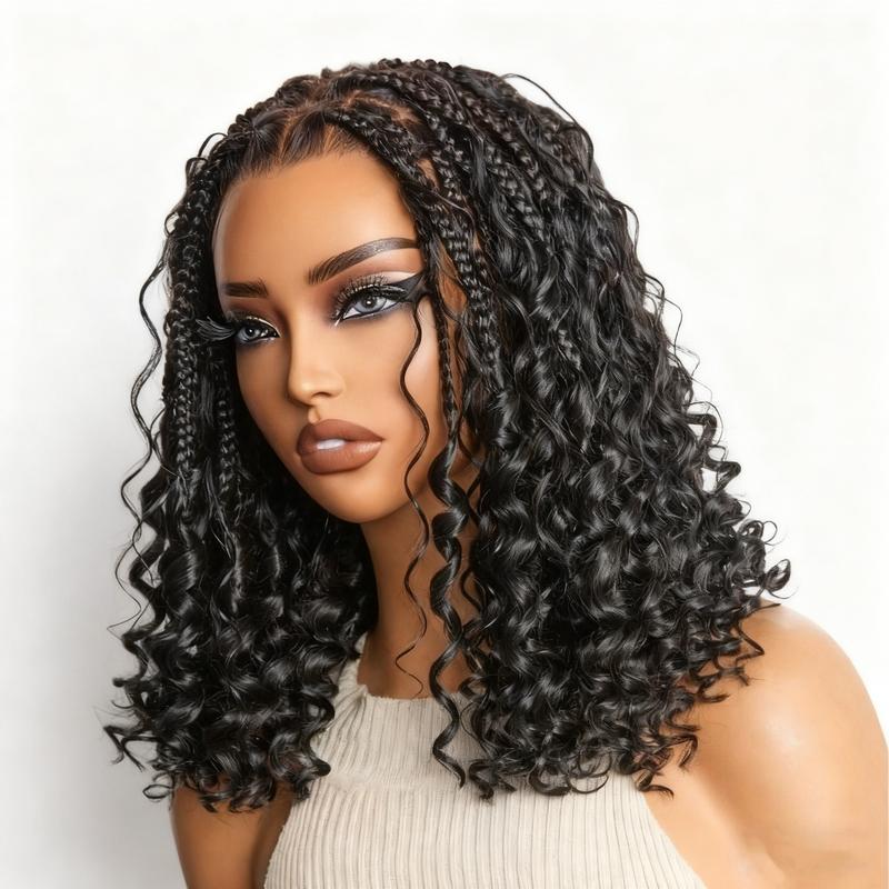 Flash Sales Braided Wig Knotless  Braids Wig 16''Boho Briaded Wigs Box Braid Human Hair Curls Flexi-Fit Invisi Drawstring Cap HD Full Lace Super Natural Scalp