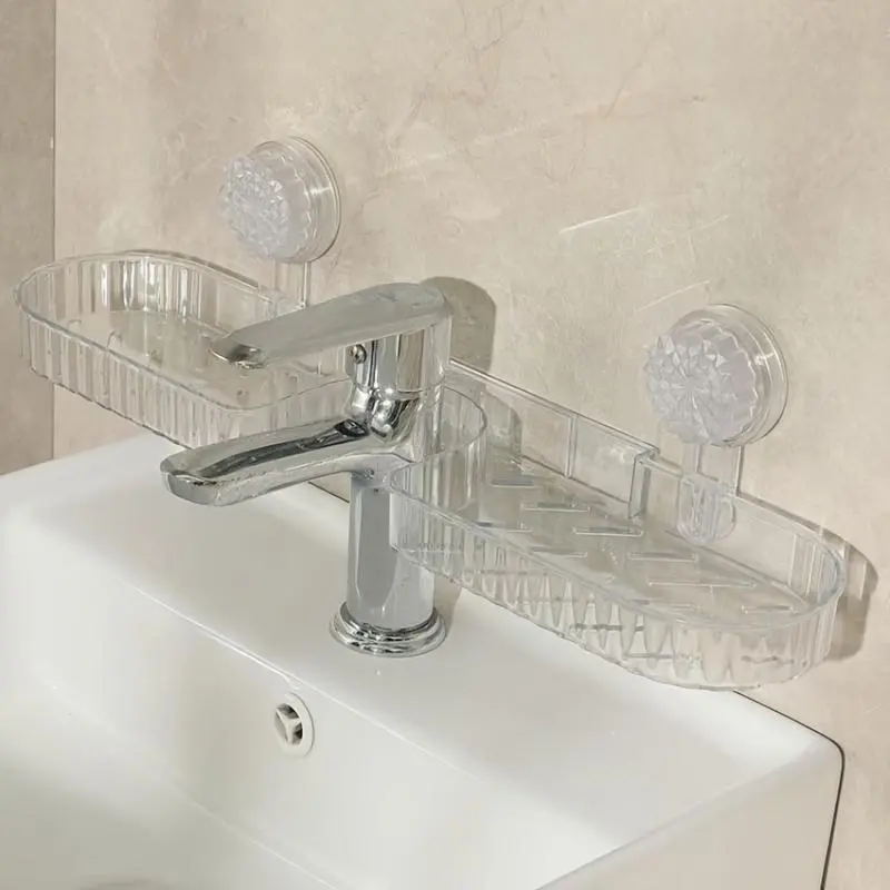 No-Drill Adhesive Suction Cup Sink Faucet Storage Rack - Bathroom Shower Organiser Shelves, Water-Accumulation Prevention, Toiletry Holder, Adhesive Suction Cup Mount Shower Organiser