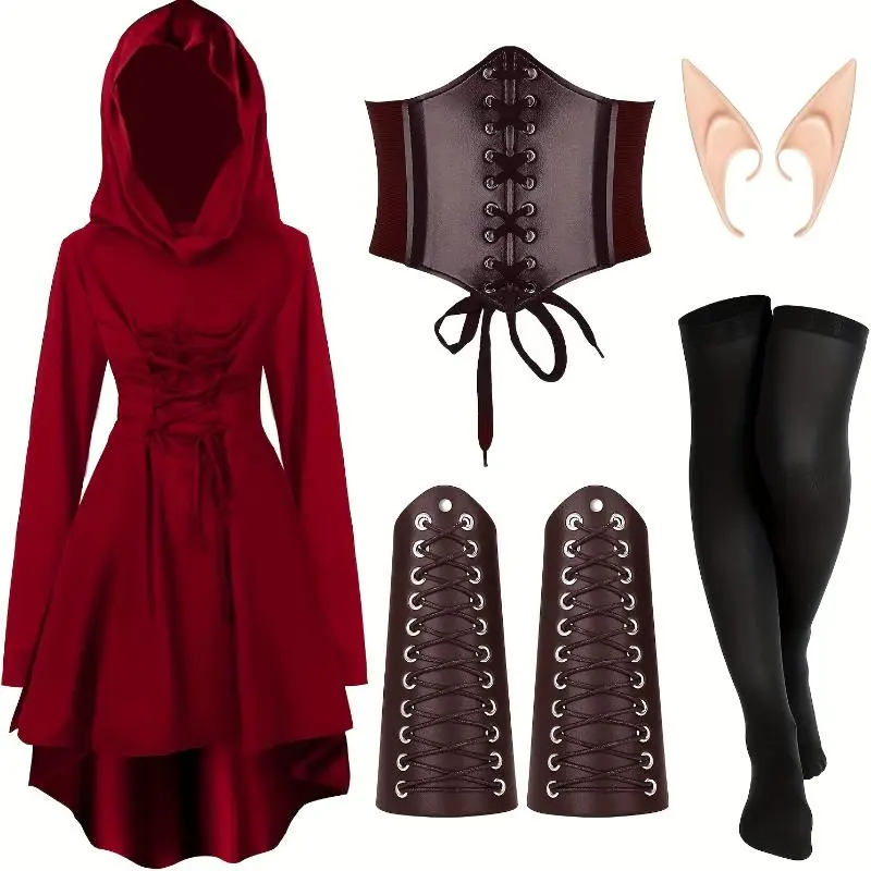 2026 [5pcs Medieval Hooded Robe Costume Set] - Red Renaissance Elf Attire with Corset & Tights for Women FP 560152 Womenswear Clothes, Must Have, New In, Aesthetic, Travel Outfit, Go To, Statement, Poolside