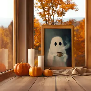 Vintage Ghost Drinking Coffee Poster, Dark Academia Aesthetic, Gothic Home Art ,Cute Ghost Prints