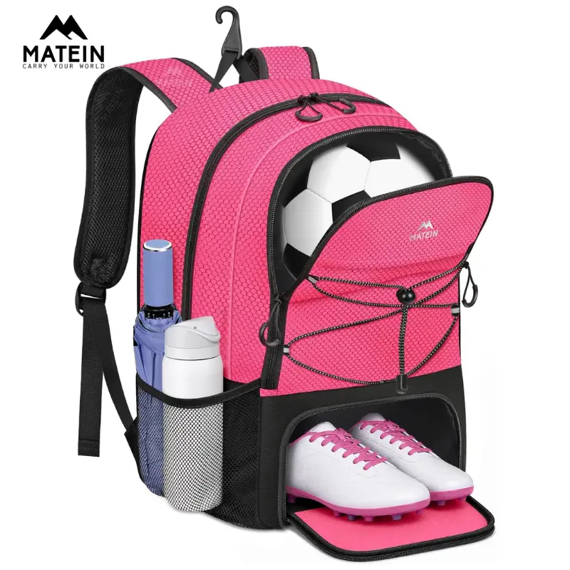 【Back To School】MATEIN Soccer Backpack, Water Resistant Sports Backpack with Ball Holder & Shoe Compartment, Breathable Mesh Gear Bag with 15.6" Laptop Pocket, Reflective Strips, Padded Shoulder Straps for Game Day, Practice & School