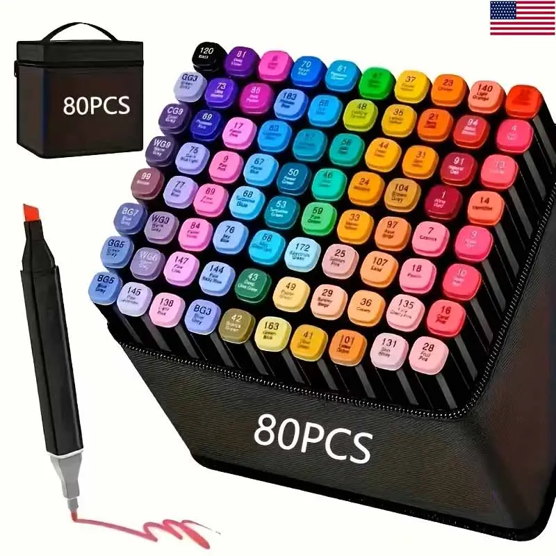 Dual-Tip Alcohol Markers 80 Pack, Chisel & Fine Point Art Coloring Markers, Color Coded Caps Black Pen Holder Carry Case, Premium Blendable Ink for Adults Students Drawing & Coloring Books