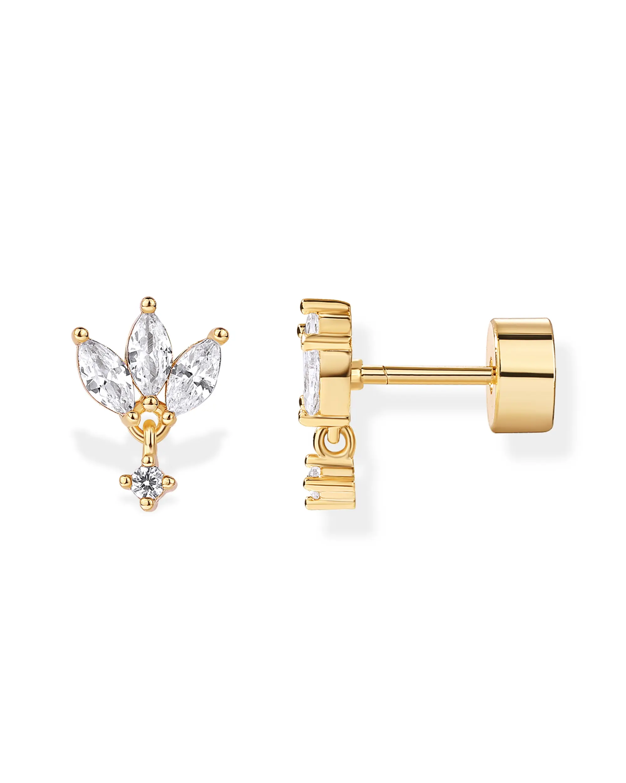 PAVOI 14K Gold Plated Sentimental Dangle Flat Back Earrings for Women - Helix and Cartilage Pearl Cluster Triangle Lotus Pear Marquise Cubic Zirconia Screw Back Earring Pair