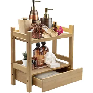 2-Layer Bamboo Countertop Rack with Hidden Drawer - Makeup Organizer - Multi-Functional Storage for Skincare, Toiletries, Desktop - Suitable for Bathroom Vanity, Kitchen, Office Display Rack