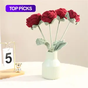 Handmade Knitted Rose, Artificial Rose Faux Flowers, Home Decorative Flower Without Vase, Crochet Flowers Bouquet