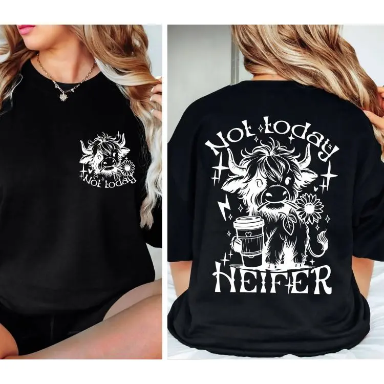 Women's Funny "Not Today Heifer" Graphic T-Shirt, Lady's Oversized Round Neck Short Sleeve Top, Cow Coffee Western Country Highland Cow Casual Summer Streetwear