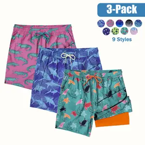 3-Pack Mens Swim Trunks with Compression Liner Stretch Beach Shorts Quick Dry with Pockets & Adjustable Drawstring- Board Shorts