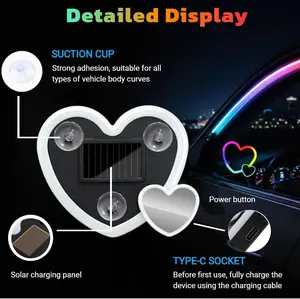 New Car LED Ambient Lighting - seven Colors eight Modes RGB Solar Powered&USB Charging Two Heart-Shaped Neon Light for Window Car Interior Light Decoration IP65 Waterproof