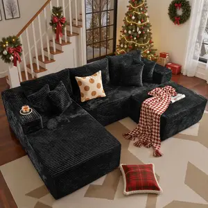 POUUIN 108" Oversized Boneless Sectional Couch with Ottoman, Ultra-Soft Plush Corduroy & High Resilient Foam, No-Assembly Free Combination Design, Pet-Friendly Comfortable Sofa for Living Room Family Lounge, Perfect for Working Playing Relaxing Sleeping