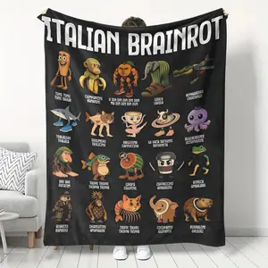 Italian Brain Circulation Flannel Throw Figure Print Blanket, Soft and Comfortable, Background with Fun Cartoon Images, Ideal for Home Relaxation