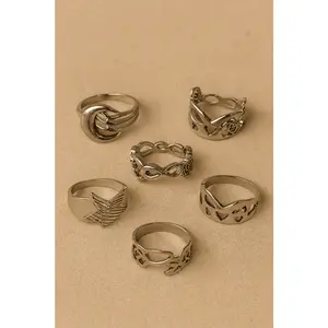 Set of 5 Silver Statement Rings | Ethnic and Modern Design Jewelry for Women