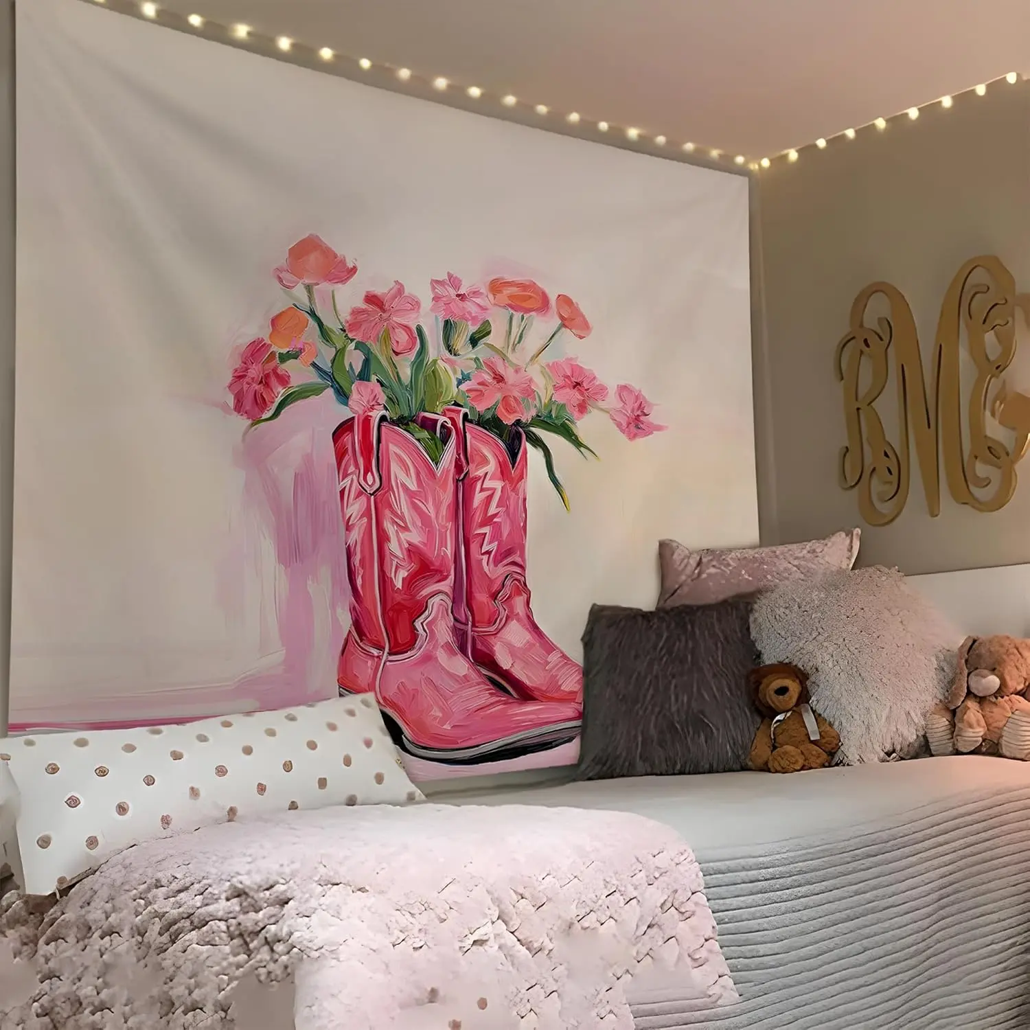 Pink Western Tapestry, Hot Pink Preppy Western Cowgirl Boots Tapestry Wall Hanging for Teen Girls Room Bedroom College Dorm, Cowgirl Room Decor, Pink Room Wall Decor Aesthetic, Decoration Gift
