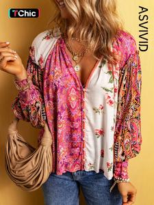 women's floral print frill trim shirred notched blouse, boho bishop sleeve button front top for spring & fall, women's long sleeve clothing for daily wear, poster girl top, bohemian womenswear, casual comfy top, shirts