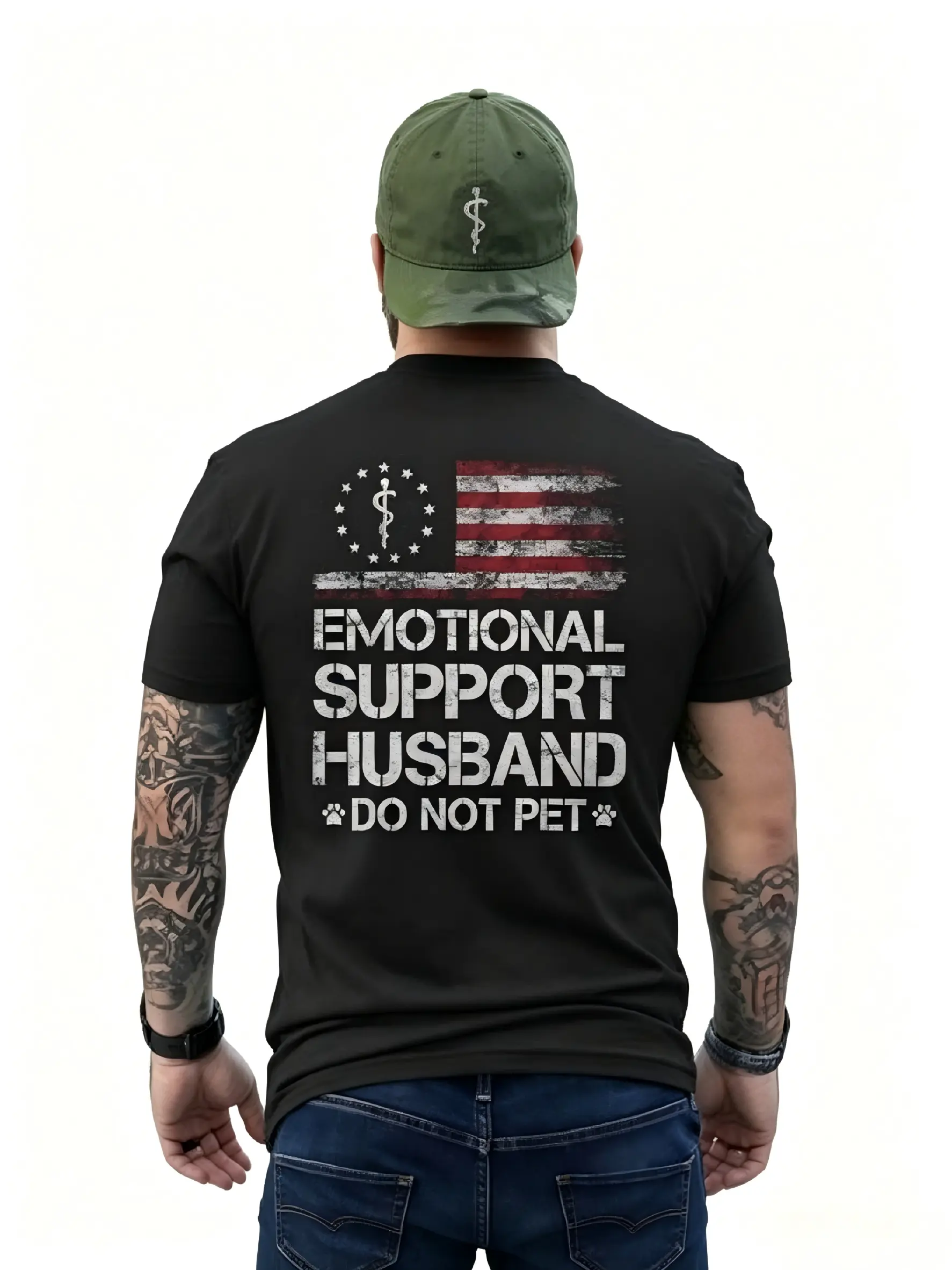 T - shirt with ‘EMOTIONAL SUPPORT HUSBAND’ Flag Motif – USA Vibe