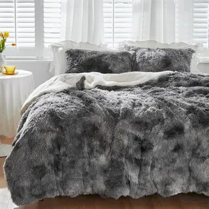 Luxury Faux  Shaggy Comforter Set Full/ Size, Plush & Sherpa Reversible Comforter Tie Dye Black, 3 count  Fuzzy Bedding Set Ultra Soft and Warm for Winter (1 Comforter + 2 Pillowcases)