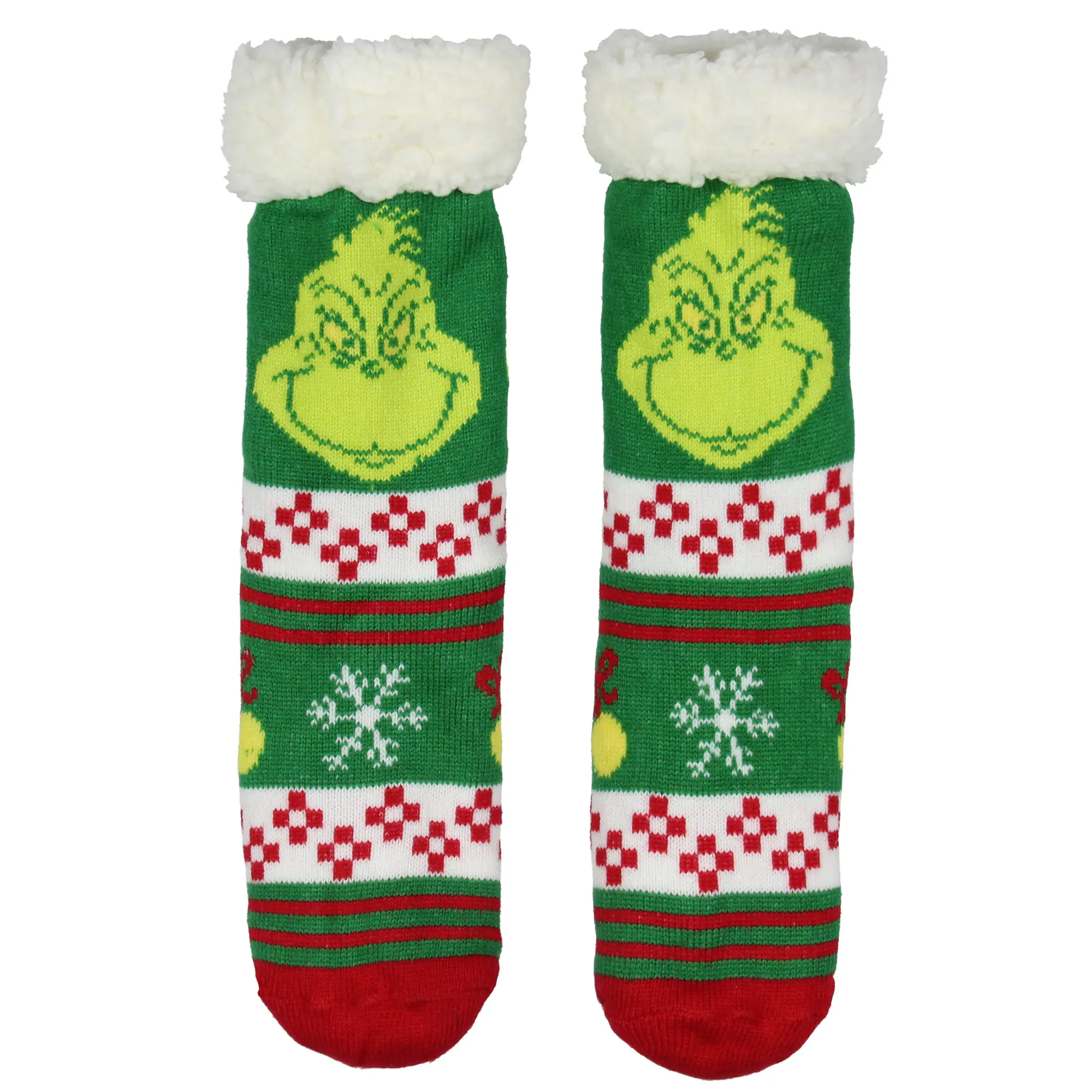 Dr Seuss Grinch Adult Fair Isle Knit Slipper Socks, Faux-Shearling, Non-Slip Sole, Machine Washable, for Teens and Adults, Lounging by Fireplace (Unisex)