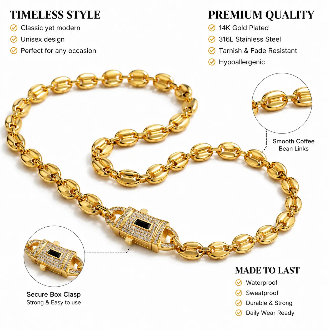 14K Gold Plated Mariner Cuban Link Necklace for Men Women, 6mm-10mm Oval Gold Chain with Iced CZ Box Clasp, 16/18/20/24 Inch Hip Hop Jewelry
