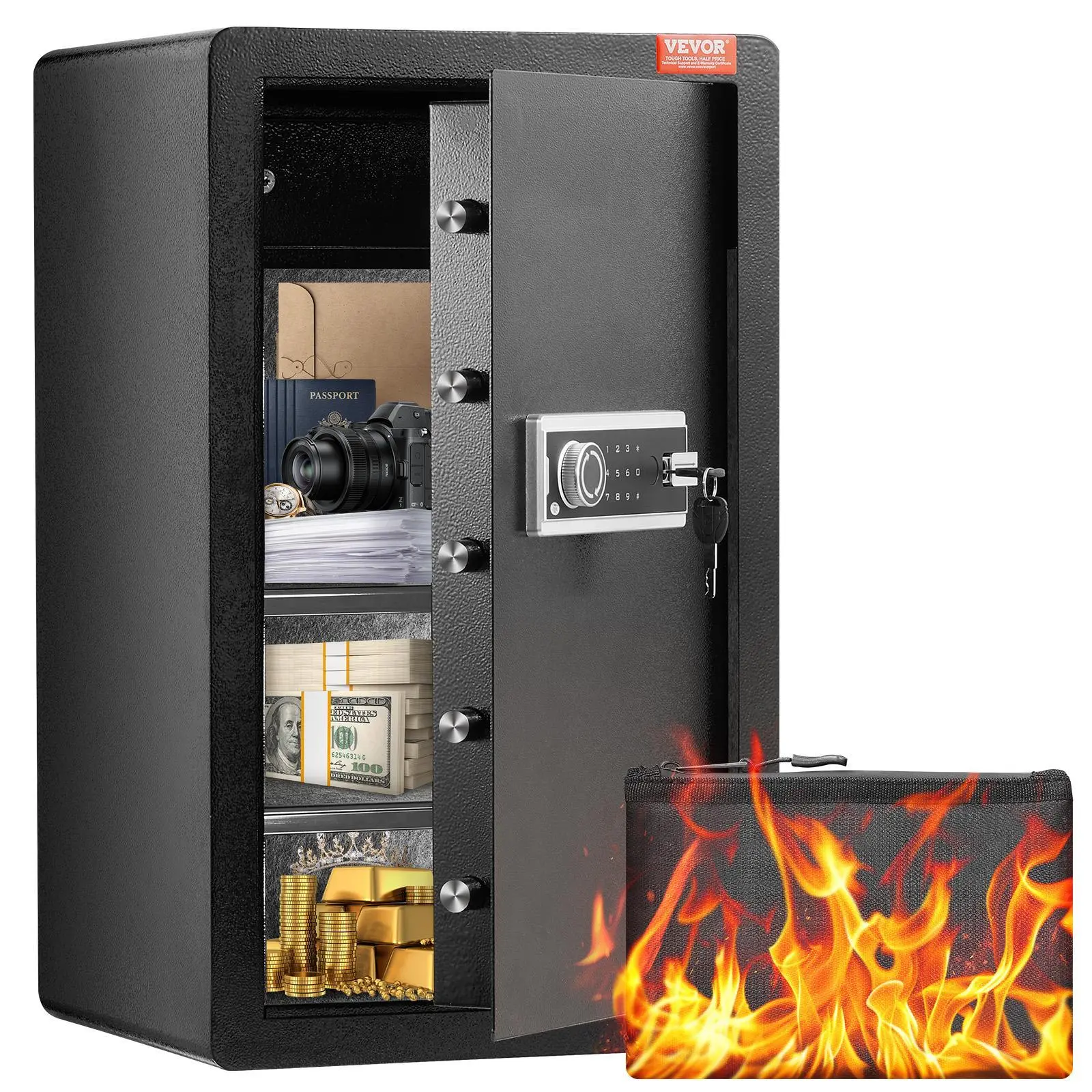 【SummerFinds】VEVOR Single Door 4.0 cu.ft Safe Box with Key Lock & Password,  , Safe Lock Box with Fireproof Bag, Key Rack, LED Light, 2 Shelves, and 1 Cabinet for Money, Documents, Jewelry, and Valuables, Black