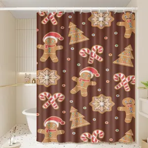 1pc Festive Gingerbread & Candy Cane Shower Curtain, Christmas Bathroom Decor, Cozy Holiday-Inspired Design, 70.9x70.9in Hanging Curtain with Hooks, Ideal Gift for Seasonal Celebrations or Family