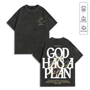 Retro Washed T-Shirt Double Sided Printed (230 Pure Cotton T-Shirt) 'GOD HAS A PLAN'  Letter Print, Men's T-Shirt, Men's Casual, Comfortable, Fashionable T-Shirt, Street Style Cotton washed pure cotton Streetwear Crewneck