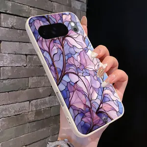Lilac Stained - Glass Leaves Pattern Rounded Edge Phone Case for Google Pixel 10 9 XL 8 7 Pro A Shockproof Full Camera Protection Durable Slim Liquid Silicone Cover Smartphone Casing