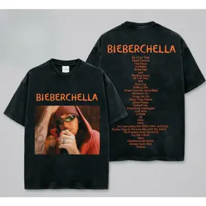 Women's Oversized Heavyweight Premium Cotton Short-Sleeve Acid Washed Tshirt - Bieberchella Week 2 Tracklist Double-Sided Graphic Top, Retro Beliebers Hip Hop Coachella Music Merch, Loose-Fit Casual Clothes for Concert Fans