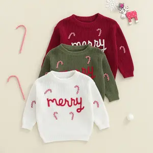 Toddler Baby Boy Girl Christmas Sweaters Long Sleeve Cany Cane Letter Embroidery Tops Fall Winter Sweatshirts 0-5 Years