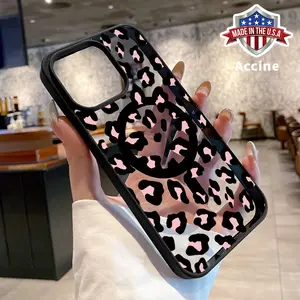 Compatible for iPhone 16 Pro Max 15 16E 14 Plus 13 12 Mini 11 Promax X XS XR XSMax MagSafe Case Pink Black Leopard Pattern Acrylic Back TPU Edges Clear Shockproof Air-Guard Corners Cellphone Cover for Girl