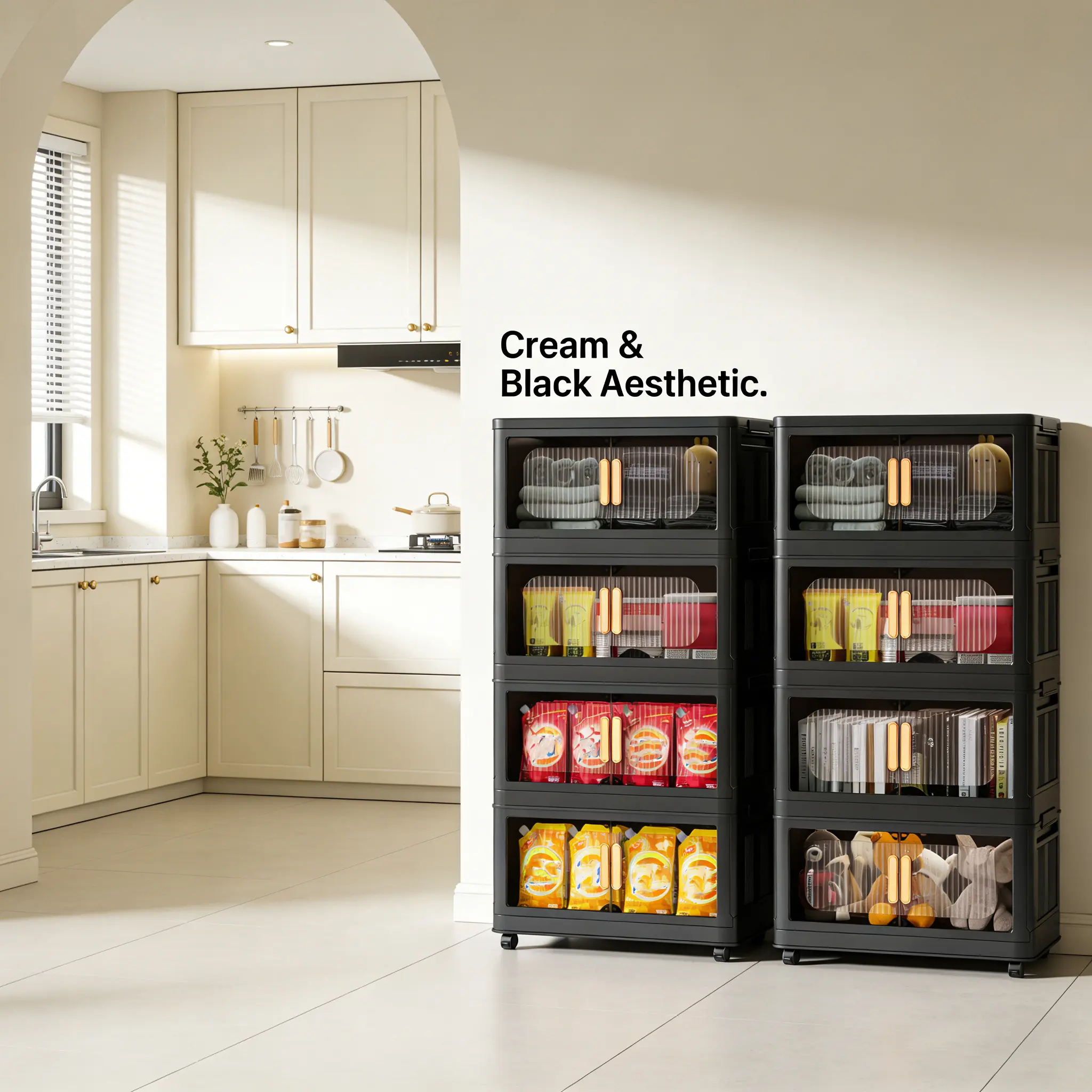 Stackable storage drawer system: a 4-tier black folding multifunctional storage box with casters, portable plastic organizer suitable for apartment dwellers and minimalists; ideal for kitchen pantries and laundry rooms as a large storage cabinet;