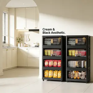 Stackable storage drawer system: a 4-tier black folding multifunctional storage box with casters, portable plastic organizer suitable for apartment dwellers and minimalists; ideal for kitchen pantries and laundry rooms as a large storage cabinet;