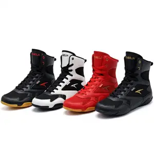 ASHION Men's Boxing Shoes High Top Boots Breathable Mesh & PU Leather Training Sneakers Lightweight Zero Drop Sole For Gym Fitness Fighting Muay Thai Durable Indoor Sports Footwear Comfortable Athletic Support