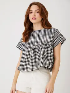 Womens Gingham Ruffle Hem Top – Cute Black & White Peplum Blouse