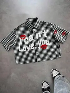 Unisex design, street style, Classic, "I Can't Love You" Red Lip Print Checked, Checkered Plaid Casual Collared Shirt - Y2K Street Style Fitted Cropped Short Top - Perfect for streetwear and Y2K outfits - Ideal gift for couples - High-street culture