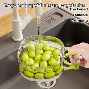 2-in-1 Double-Layer Drain Basket, Foldable Handle Fruit Drainer Container, Fruit and Vegetable Washing Bowl, Spinach Drainer, Food Strainer, Refrigerator Fresh-Keeping Basket, Food Colander, Suitable for Kitchen, Fridge, Camping, & Picnic